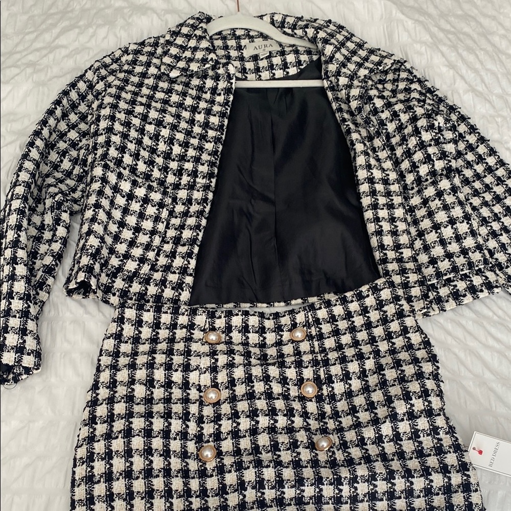Aura Black and White Tweed Jacket & Skirt Set